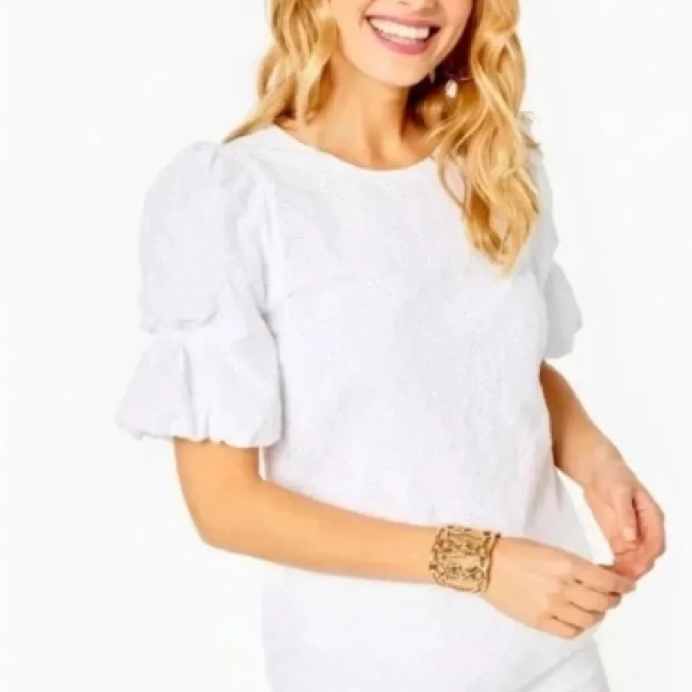 Lilly Pulitzer White Ditsy Vine Eyelet Short Puff Sleeved XL Blouse 🆕📦⌚🏃💨⚡🚚 - Picture 3 of 16